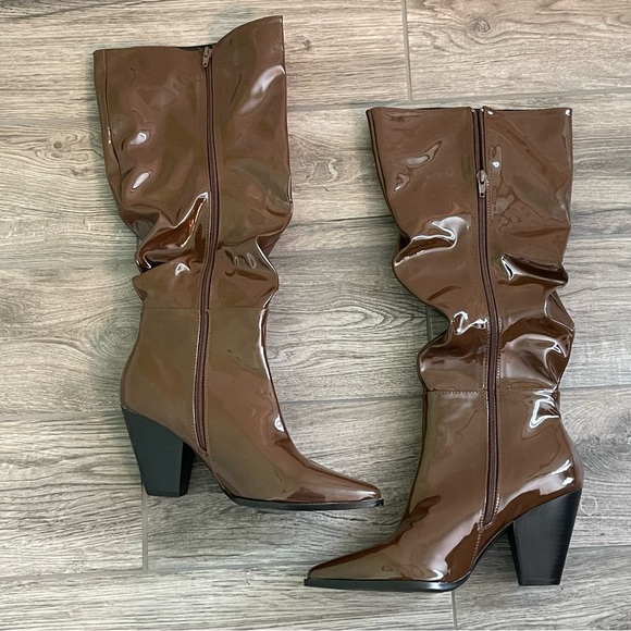 Nasty Gal Faux Patent Leather Tall Brown Boots 3.5" heels women’s size 8 EUC - Picture 4 of 11